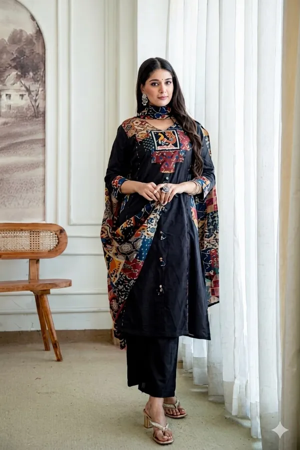 Black_cotton_Kurta_set_Top_Crafted_with_Applique_Work_with_katha_work_&_both_side_Designer_Pocket_with_stlylish_Sleeves