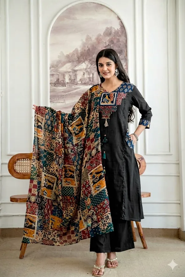 Black_cotton_Kurta_set_Top_Crafted_with_Applique_Work_with_katha_work_&_both_side_Designer_Pocket_with_stlylish_Sleeves
