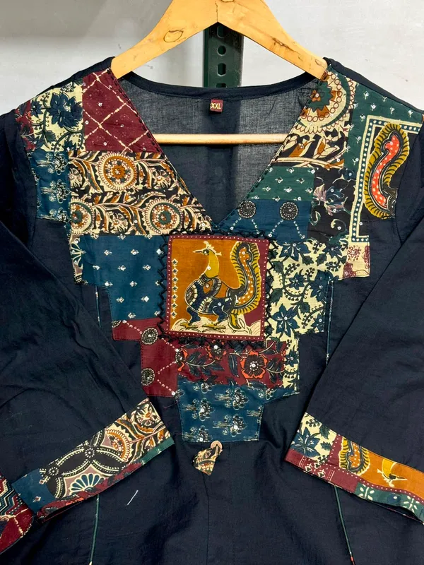 Black_cotton_Kurta_set_Top_Crafted_with_Applique_Work_with_katha_work_&_both_side_Designer_Pocket_with_stlylish_Sleeves