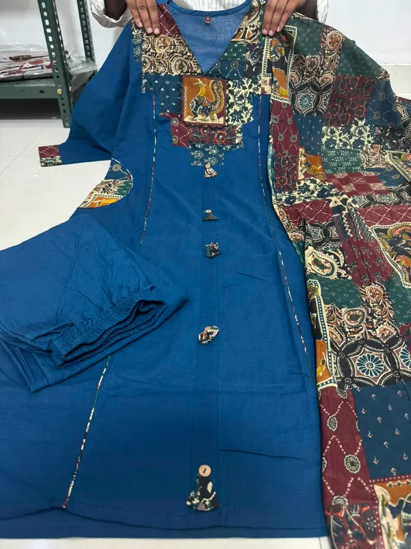 Blue_cotton_Kurta_set_Top_Crafted_with_Applique_Work_with_katha_work_&_both_side_Designer_Pocket_with_stlylish_Sleeves