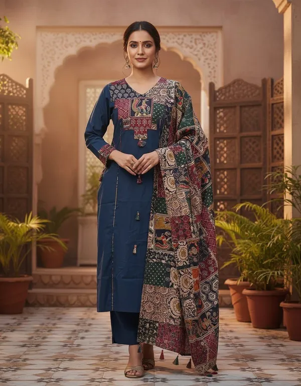Blue_cotton_Kurta_set_Top_Crafted_with_Applique_Work_with_katha_work_&_both_side_Designer_Pocket_with_stlylish_Sleeves