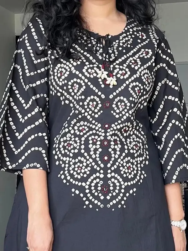 BLACK_Bandhej_suit_set_With_Delicate_Mirror_work_on_the_Neckline_With_Matching_Printed_Pant_and_Dupatta