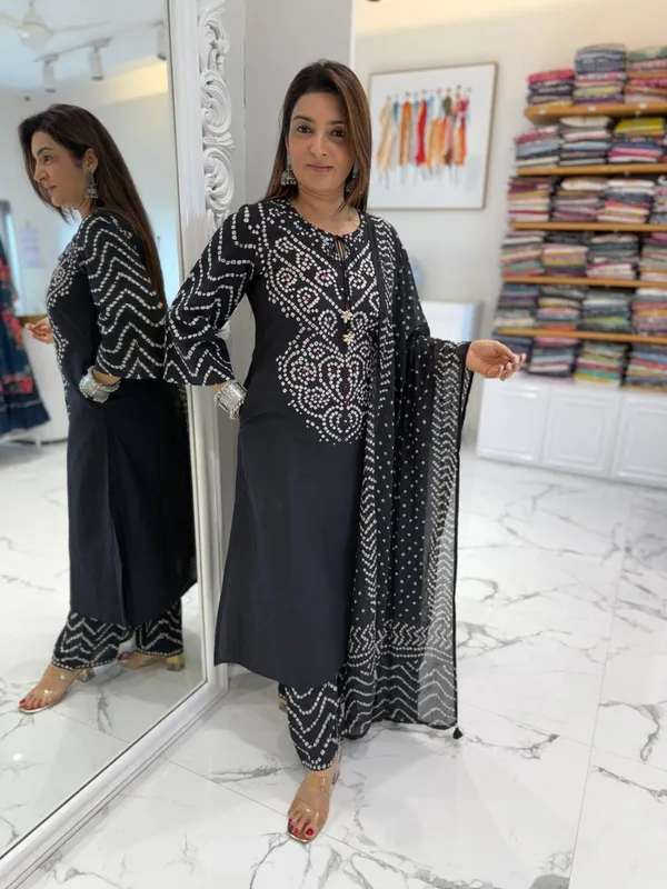 BLACK_Bandhej_suit_set_With_Delicate_Mirror_work_on_the_Neckline_With_Matching_Printed_Pant_and_Dupatta