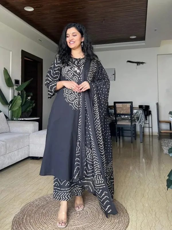 BLACK_Bandhej_suit_set_With_Delicate_Mirror_work_on_the_Neckline_With_Matching_Printed_Pant_and_Dupatta