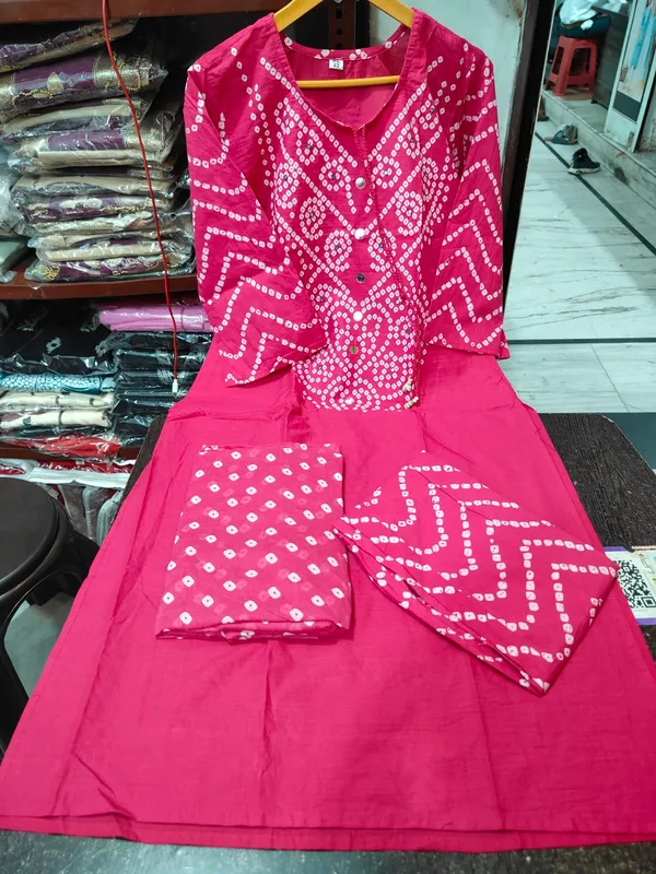 PINK_Bandhej_suit_set_With_Delicate_Mirror_work_on_the_Neckline_With_Matching_Printed_Pant_and_Dupatta