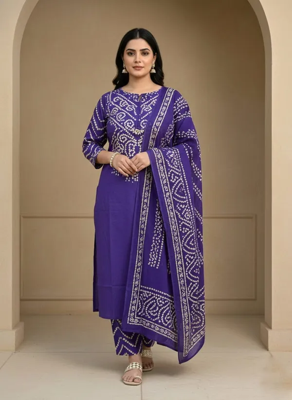 PURPLE_Bandhej_suit_set_With_Delicate_Mirror_work_on_the_Neckline_With_Matching_Printed_Pant_and_Dupatta