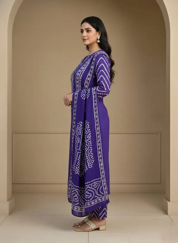 PURPLE_Bandhej_suit_set_With_Delicate_Mirror_work_on_the_Neckline_With_Matching_Printed_Pant_and_Dupatta