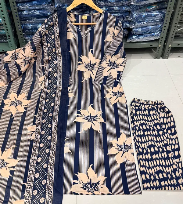 Navyblue_cotton_Kurta_set_with_cotton_pant_and_dupatta_with_Sequence_work_on_Neck_line