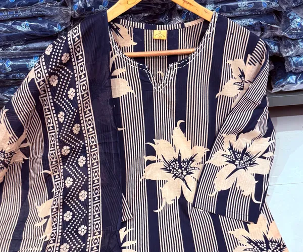 Navyblue_cotton_Kurta_set_with_cotton_pant_and_dupatta_with_Sequence_work_on_Neck_line