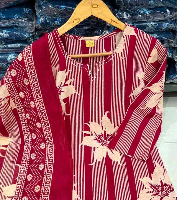 Red_cotton_Kurta_set_with_cotton_pant_and_dupatta_with_Sequence_work_on_Neck_line