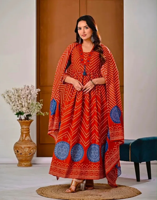 Orange_Bandej_Print_Kurta_Set_with_Handwork_On_Yoke_with_Stylish_Dori_and_Mul_Mul_dupatta