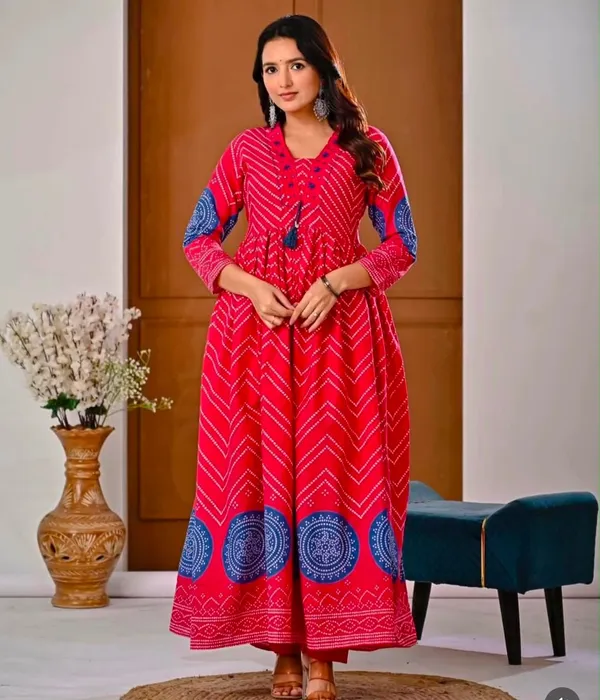 Pink_Bandej_Print_Kurta_Set_with_Handwork_On_Yoke_with_Stylish_Dori_and_Mul_Mul_dupatta