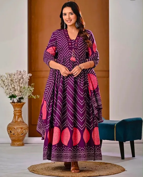 Purple_Bandej_Print_Kurta_Set_with_Handwork_On_Yoke_with_Stylish_Dori_and_Mul_Mul_dupatta
