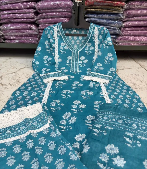 Blue_cotton_Kurta_set_with_heavy_Lace_detailing_in_kurta_and_Pant