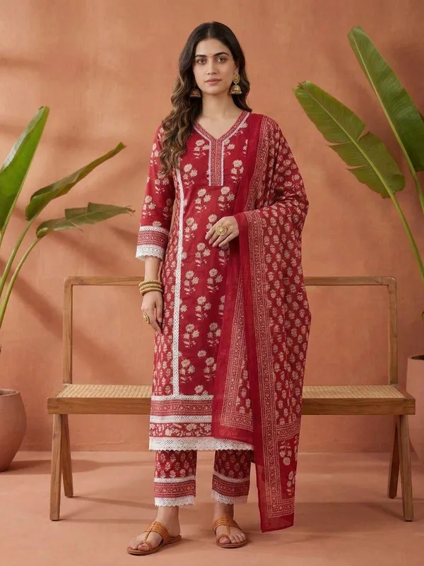 Red_cotton_Kurta_set_with_heavy_Lace_detailing_in_kurta_and_Pant