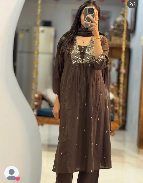 Brown_Beautiful_Pintex_Embroidery_work_and_Hand_work_on_kurti,_Pant_and_Dupatta