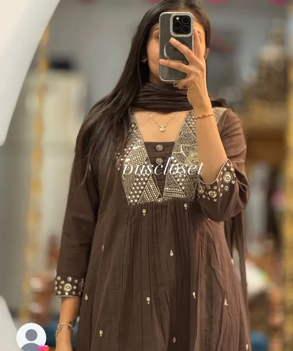 Brown_Beautiful_Pintex_Embroidery_work_and_Hand_work_on_kurti,_Pant_and_Dupatta