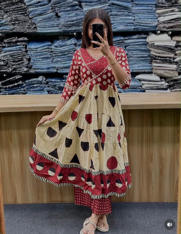 Red_Ghera_Kurti_Set_elegant_moti_work_on_Neckline_with_Matching_Printed_Pant_With_Soft_Mul_Dupatta