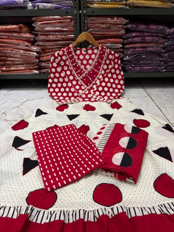 Red_Ghera_Kurti_Set_elegant_moti_work_on_Neckline_with_Matching_Printed_Pant_With_Soft_Mul_Dupatta