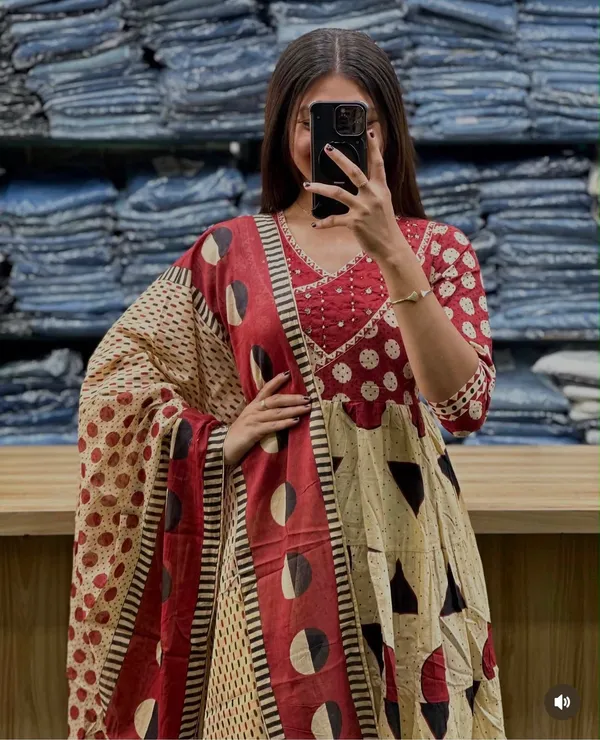 Red_Ghera_Kurti_Set_elegant_moti_work_on_Neckline_with_Matching_Printed_Pant_With_Soft_Mul_Dupatta