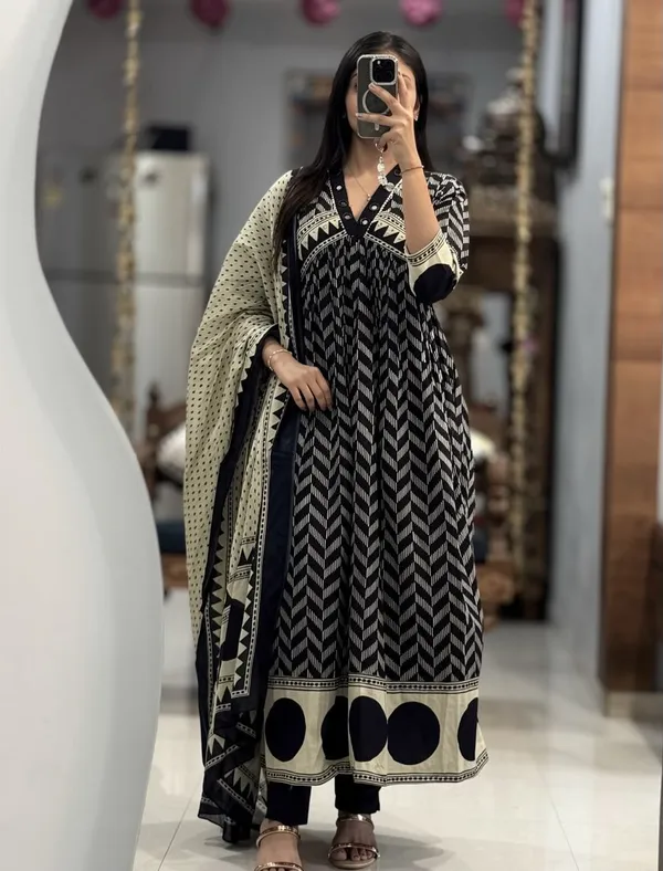 Black_A-line_kurta_set_with_Mirror_work_on_Neck_line_paired_with_Matchin_pant_and_Soft_Mul_Dupatta