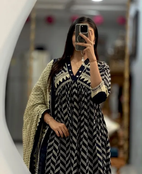 Black_A-line_kurta_set_with_Mirror_work_on_Neck_line_paired_with_Matchin_pant_and_Soft_Mul_Dupatta