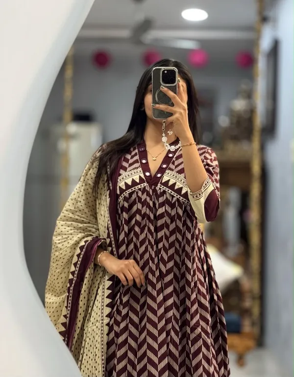 Wine_A-line_kurta_set_with_Mirror_work_on_Neck_line_paired_with_Matchin_pant_and_Soft_Mul_Dupatta