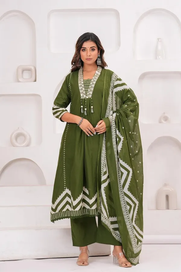 Green_A-line_Kurta_Set_Embroidery_on_Yoke_with_Matching_Pant_and_Dupatta