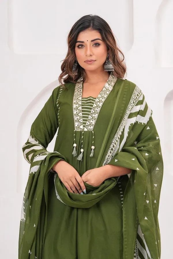 Green_A-line_Kurta_Set_Embroidery_on_Yoke_with_Matching_Pant_and_Dupatta