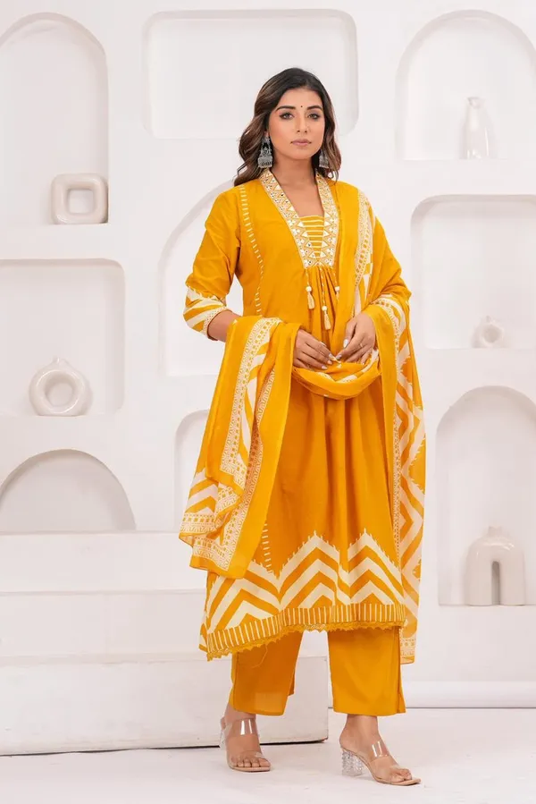 Yellow_A-line_Kurta_Set_Embroidery_on_Yoke_with_Matching_Pant_and_Dupatta