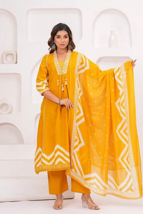 Yellow_A-line_Kurta_Set_Embroidery_on_Yoke_with_Matching_Pant_and_Dupatta