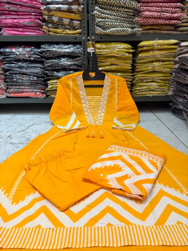 Yellow_A-line_Kurta_Set_Embroidery_on_Yoke_with_Matching_Pant_and_Dupatta