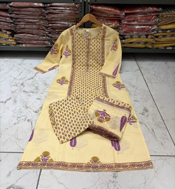 Beige-lavender_cotton_Printed_suit_handwork_on_kurti_with_printed_bottom_and_dupatta