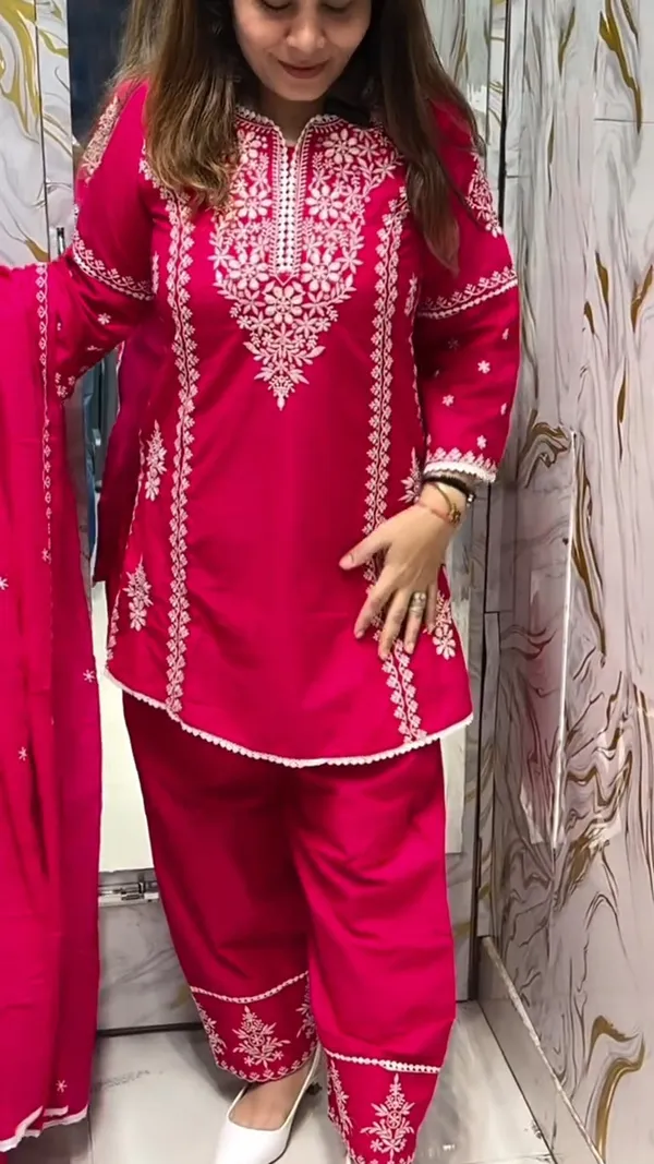 Women_Trendy_Cotton_Rani_Embriodred_Kurta_With_Pant_and_Dupatta
