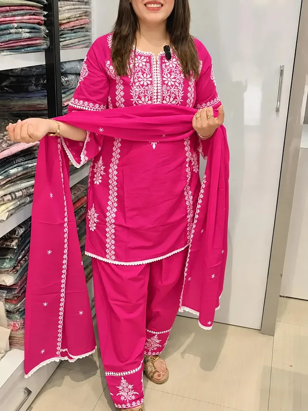 Women_Trendy_Cotton_Rani_Embriodred_Kurta_With_Pant_and_Dupatta