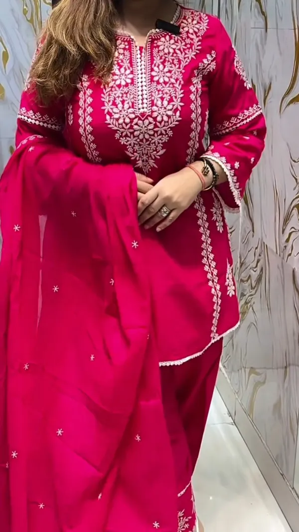 Women_Trendy_Cotton_Rani_Embriodred_Kurta_With_Pant_and_Dupatta
