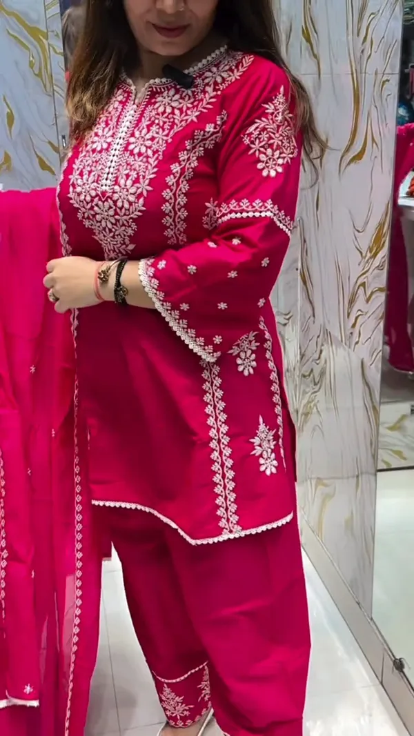 Women_Trendy_Cotton_Rani_Embriodred_Kurta_With_Pant_and_Dupatta