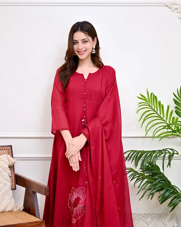 Women_Trendy_Cotton_Red_Embriodred_Kurta_With_Pant_and_Dupatta