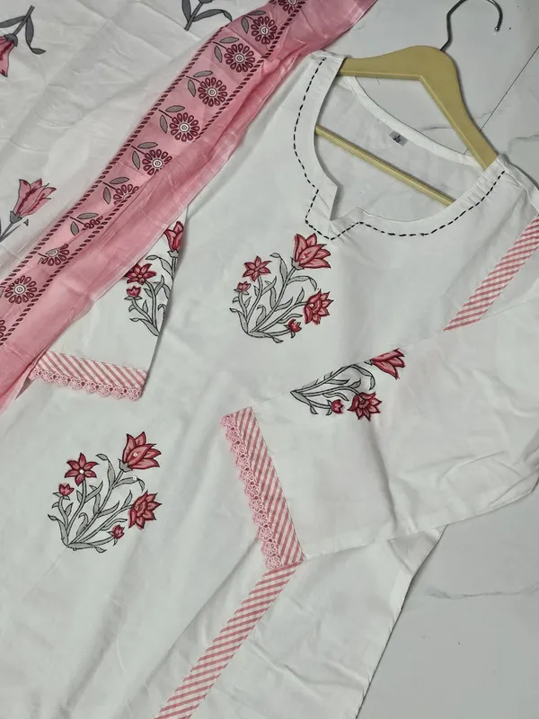 White_cotton_Handblock_suit_Set_with_Handwork_&_Katha_work_with_paired_Border_on_Kurta_Pant_&_Sleeves