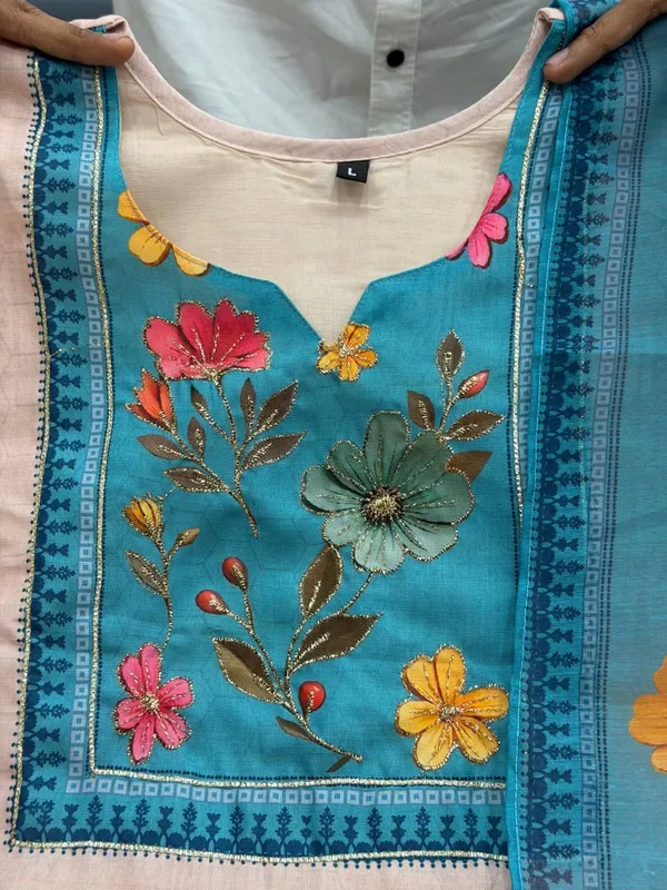 Linen_soft_Suit_with_exquisite_Peacock_artwork,_handwork_and_katha_work_on_it_with_paired_Pant_and_Digital_Dupatta