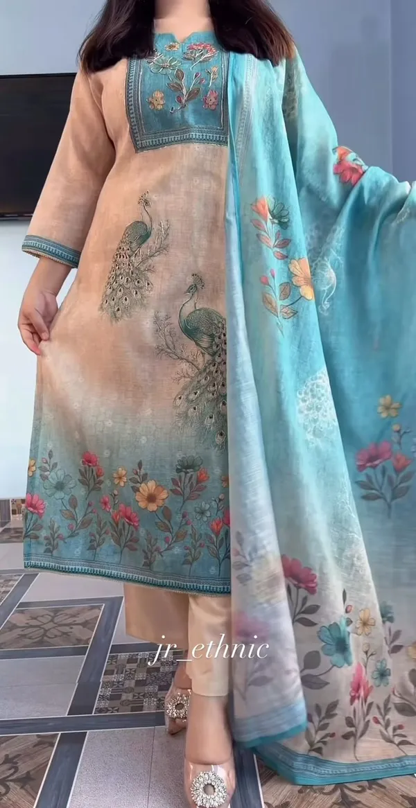 Linen_soft_Suit_with_exquisite_Peacock_artwork,_handwork_and_katha_work_on_it_with_paired_Pant_and_Digital_Dupatta