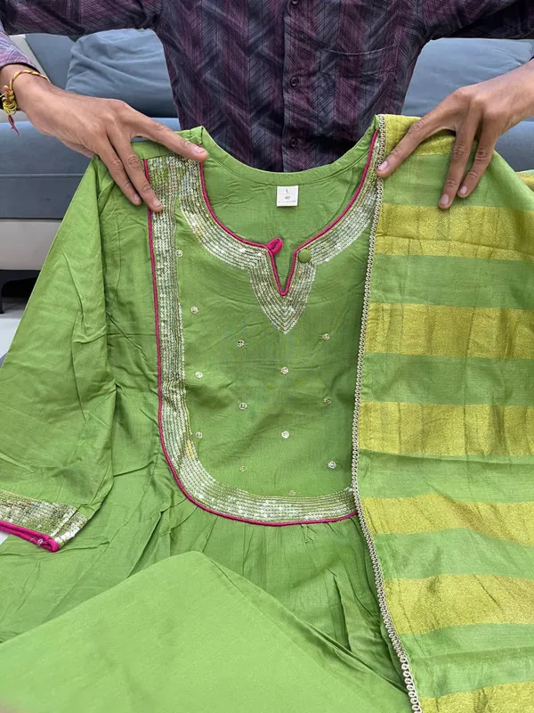 Green_Pure_Mal_chanderi_Kurta_Set_with_embroidery_sequence_on_Neck_with_paired_Matching_Pants_and_Banarsi_Jacquard_Dupatta