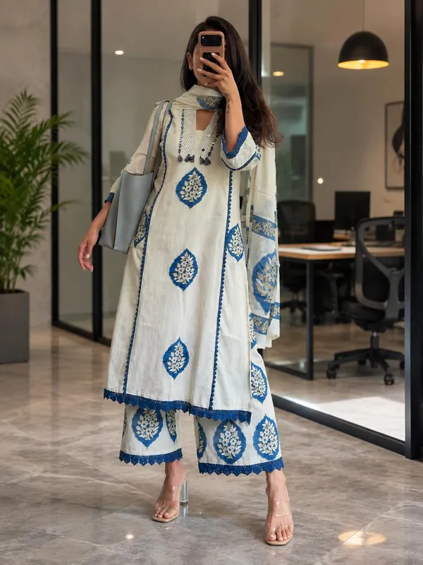 White_cotton_Applique_Hand_Work_Premium_Cotton_Kurta_Pant_Set_with_Dupatta