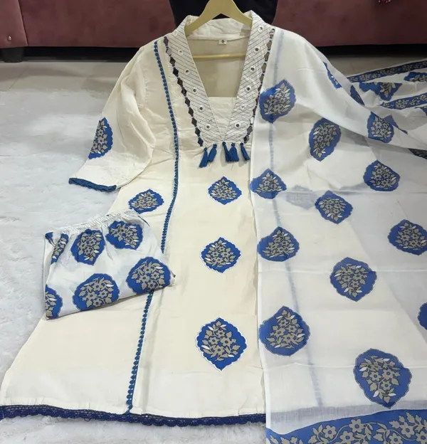 White_cotton_Applique_Hand_Work_Premium_Cotton_Kurta_Pant_Set_with_Dupatta