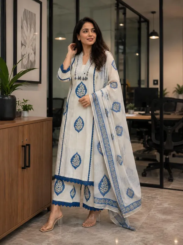 White_cotton_Applique_Hand_Work_Premium_Cotton_Kurta_Pant_Set_with_Dupatta