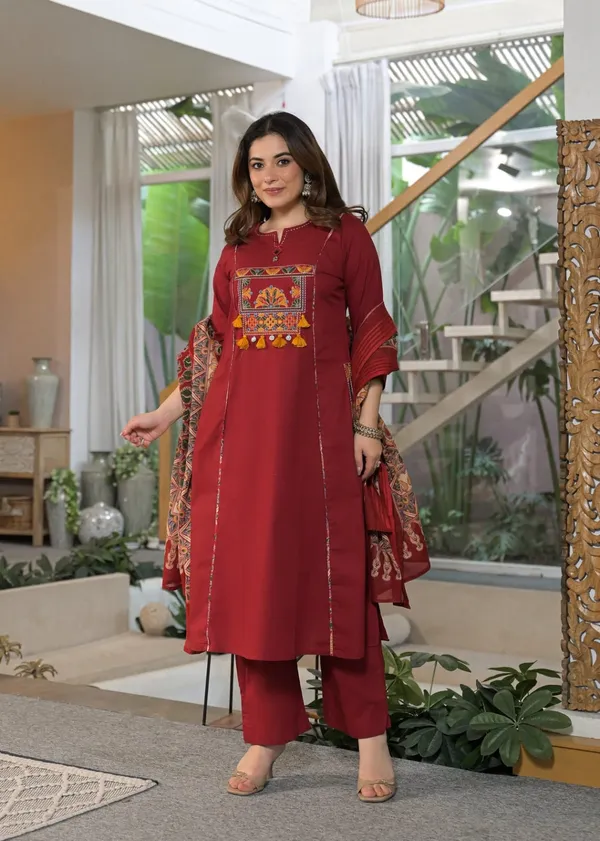 Premium_Cotton_Embroidered_Maroon_Kurti_Pant_Suit_Set_with_Dupatta_&_Side_Pocket_|_Katha_Handwork_|_Office_&_Daily_Wear