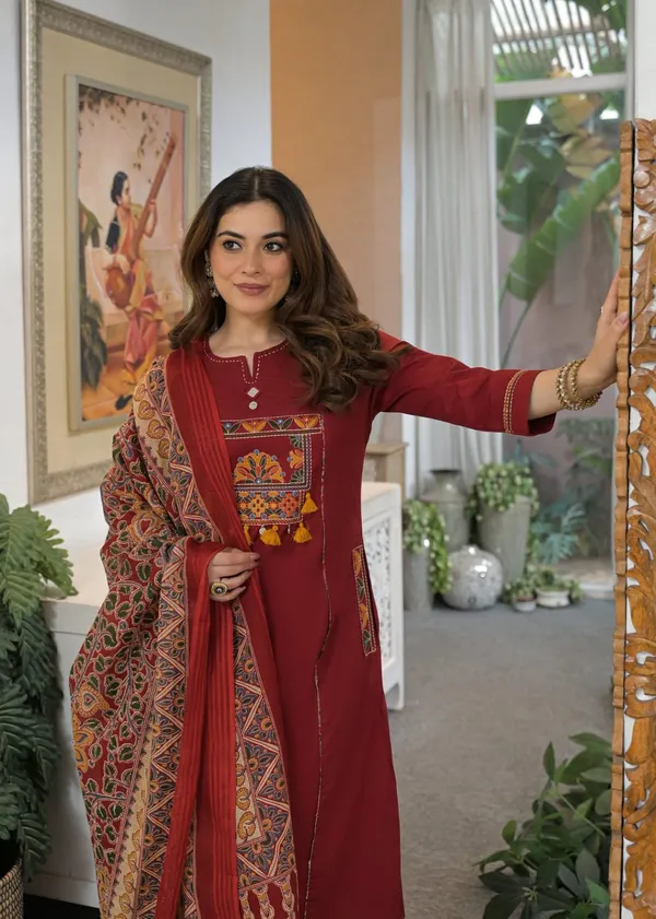 Premium_Cotton_Embroidered_Maroon_Kurti_Pant_Suit_Set_with_Dupatta_&_Side_Pocket_|_Katha_Handwork_|_Office_&_Daily_Wear
