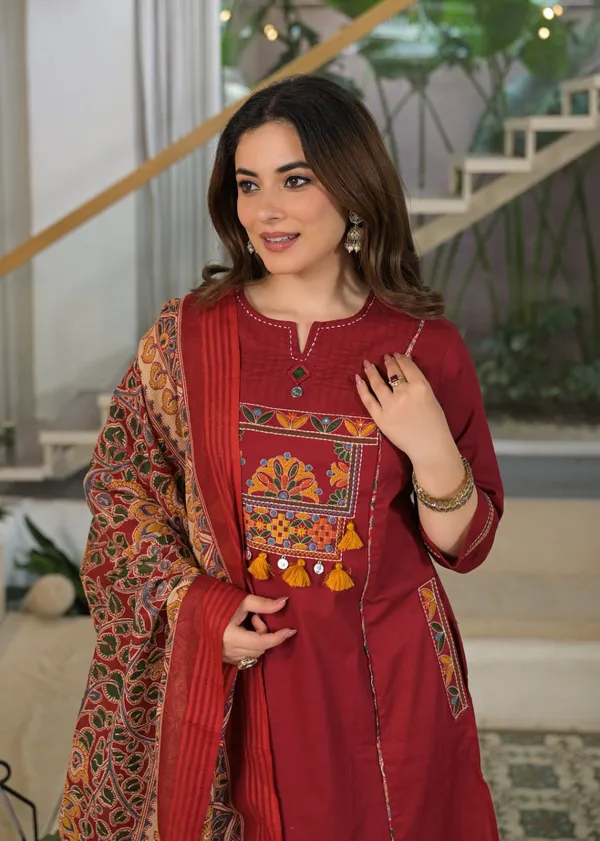 Premium_Cotton_Embroidered_Maroon_Kurti_Pant_Suit_Set_with_Dupatta_&_Side_Pocket_|_Katha_Handwork_|_Office_&_Daily_Wear