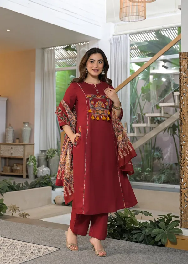 Premium_Cotton_Embroidered_Maroon_Kurti_Pant_Suit_Set_with_Dupatta_&_Side_Pocket_|_Katha_Handwork_|_Office_&_Daily_Wear