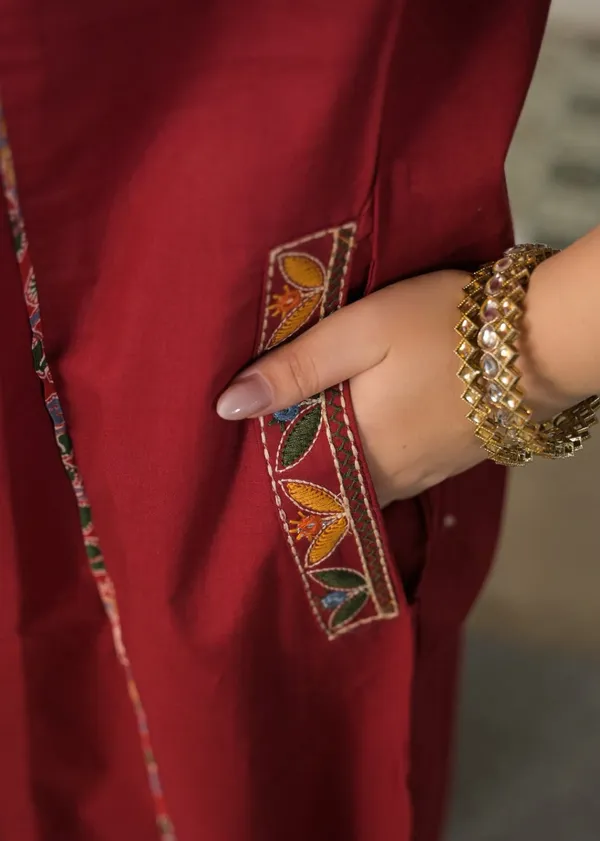 Premium_Cotton_Embroidered_Maroon_Kurti_Pant_Suit_Set_with_Dupatta_&_Side_Pocket_|_Katha_Handwork_|_Office_&_Daily_Wear